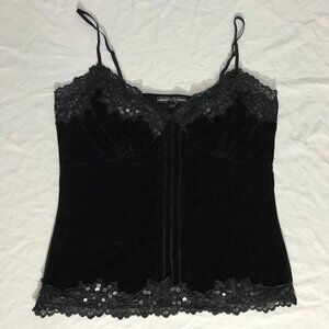 Goth Vintage 90's Y2K Black Velvet Lace Tank Top SMALL